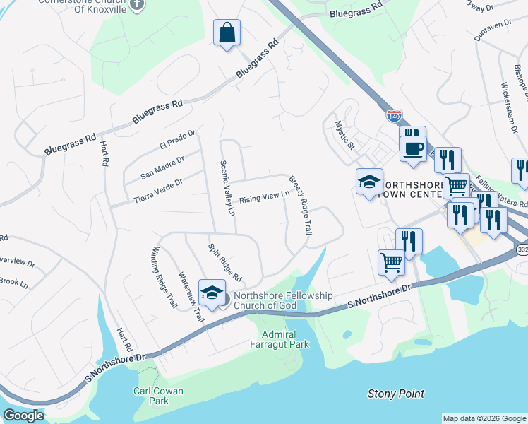 map of restaurants, bars, coffee shops, grocery stores, and more near 1627 Rising View Lane in Knoxville