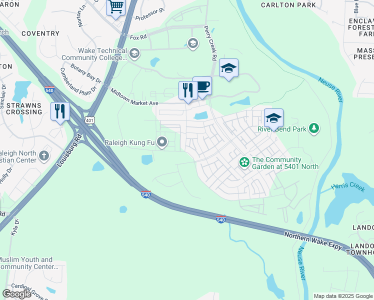 map of restaurants, bars, coffee shops, grocery stores, and more near 5324 Crescent Square Street in Raleigh