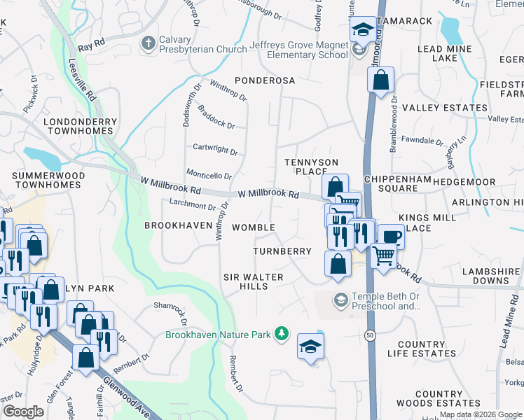map of restaurants, bars, coffee shops, grocery stores, and more near 8507 Contour Drive in Raleigh
