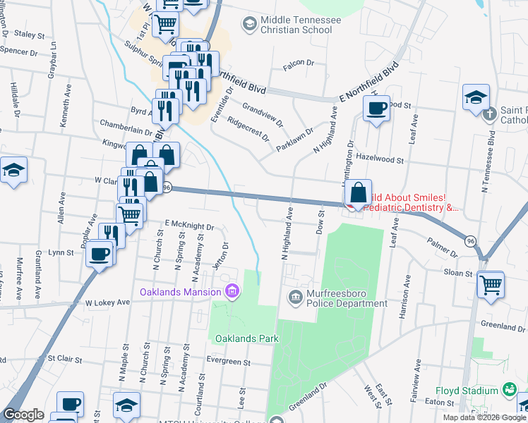 map of restaurants, bars, coffee shops, grocery stores, and more near 407 Dudley Street in Murfreesboro