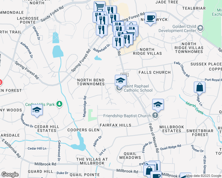 map of restaurants, bars, coffee shops, grocery stores, and more near 1208 Harwich Court in Raleigh
