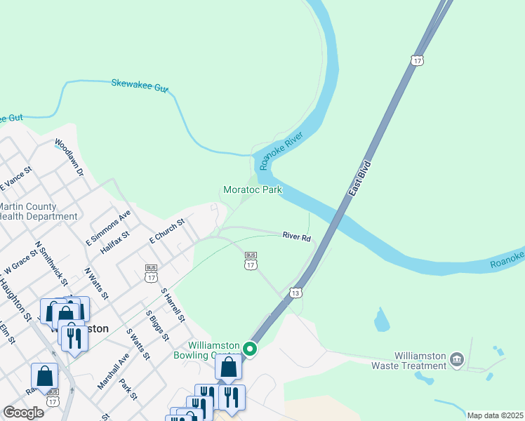 map of restaurants, bars, coffee shops, grocery stores, and more near 722 River Road in Williamston