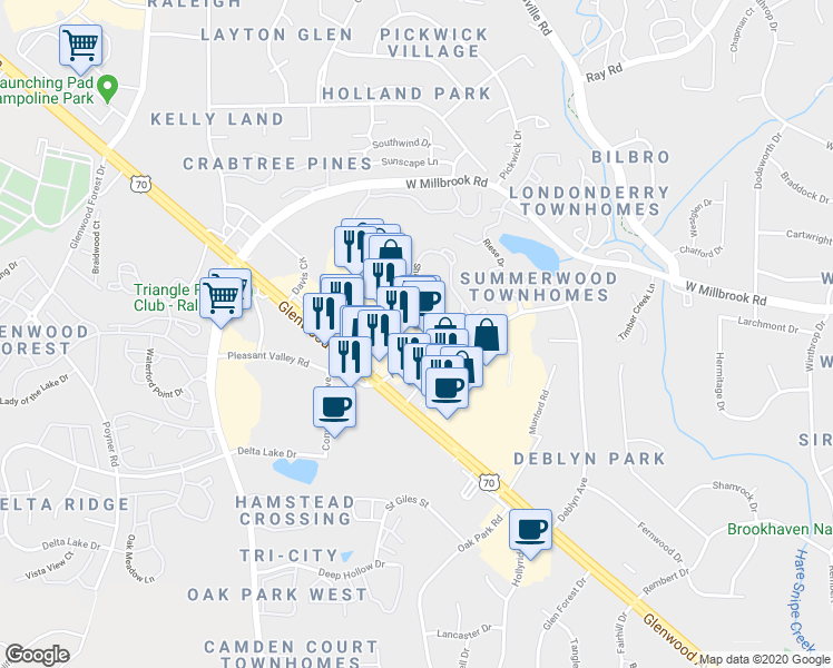 map of restaurants, bars, coffee shops, grocery stores, and more near 4112 Pleasant Valley Road in Raleigh