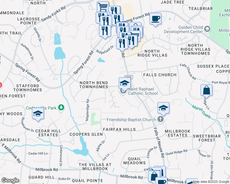 map of restaurants, bars, coffee shops, grocery stores, and more near 1208 Harwich Court in Raleigh