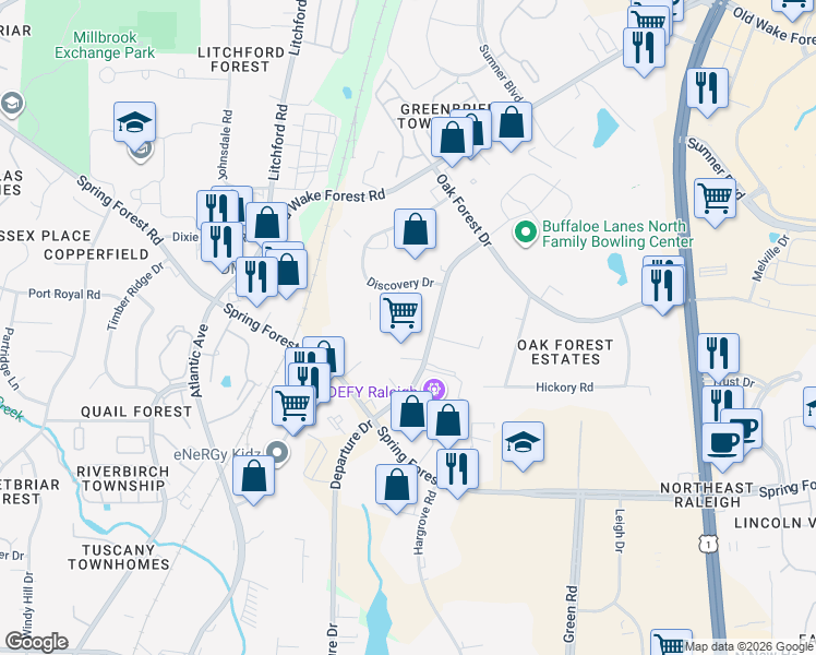 map of restaurants, bars, coffee shops, grocery stores, and more near 5621 Departure Drive in Raleigh
