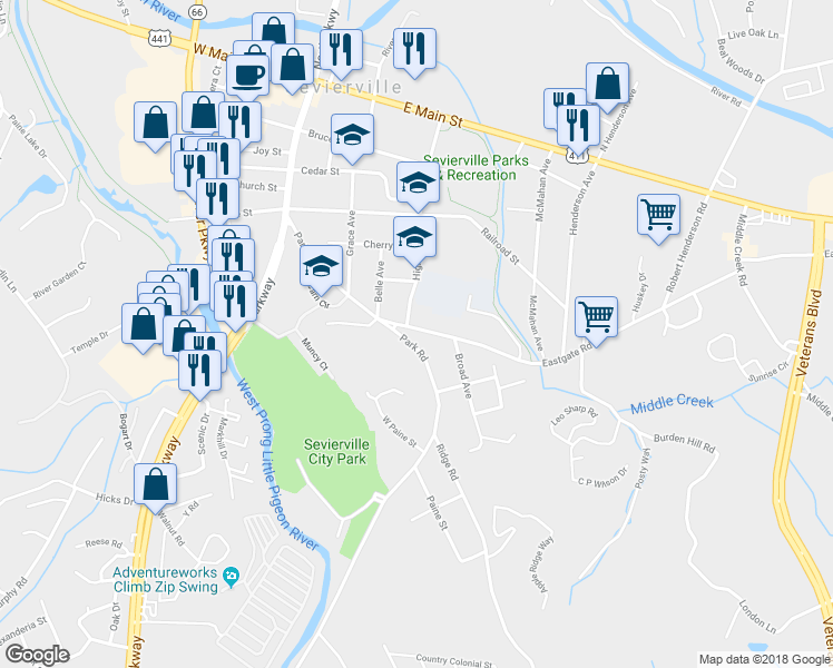 map of restaurants, bars, coffee shops, grocery stores, and more near 409 Eastgate Road in Sevierville