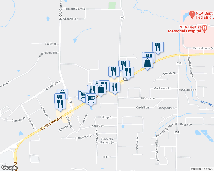 map of restaurants, bars, coffee shops, grocery stores, and more near 3900 East Johnson Avenue in Jonesboro