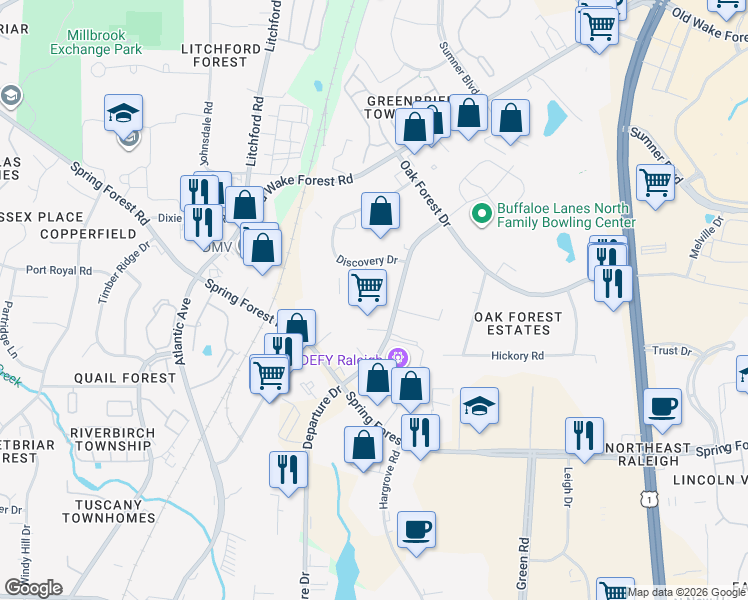 map of restaurants, bars, coffee shops, grocery stores, and more near 5621 Departure Drive in Raleigh