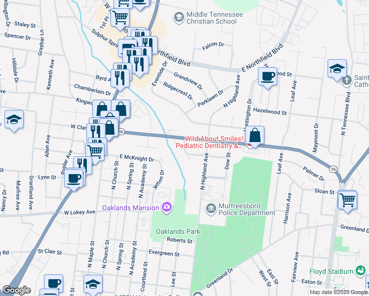 map of restaurants, bars, coffee shops, grocery stores, and more near 407 Dudley Street in Murfreesboro