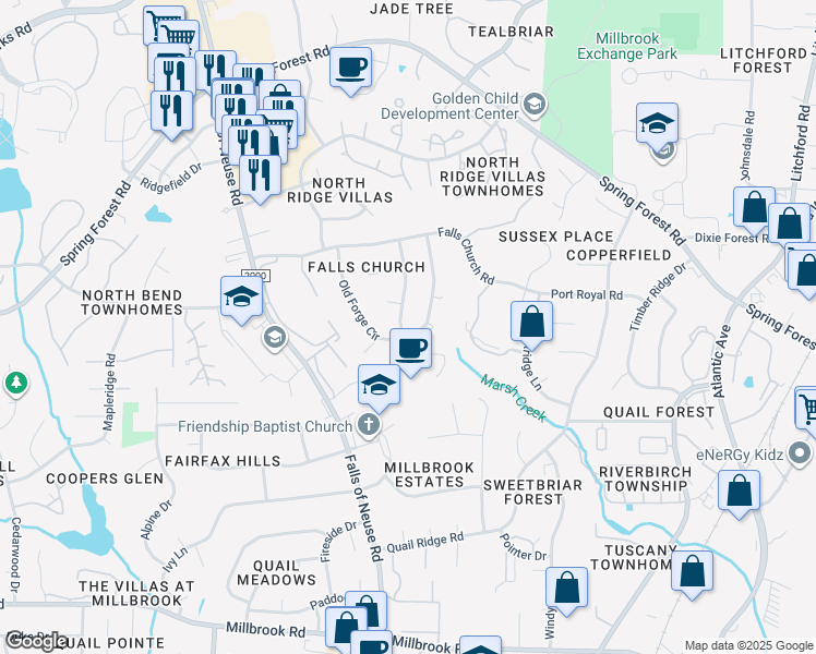 map of restaurants, bars, coffee shops, grocery stores, and more near 5600 Dumfries Drive in Raleigh