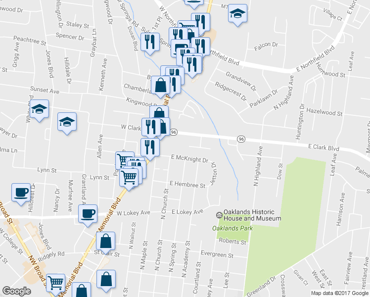map of restaurants, bars, coffee shops, grocery stores, and more near 204 Hillside Court in Murfreesboro