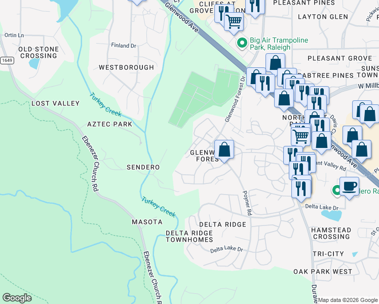 map of restaurants, bars, coffee shops, grocery stores, and more near 5903 Hourglass Court in Raleigh