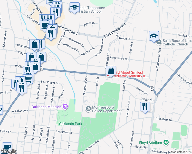 map of restaurants, bars, coffee shops, grocery stores, and more near 514 East Clark Boulevard in Murfreesboro