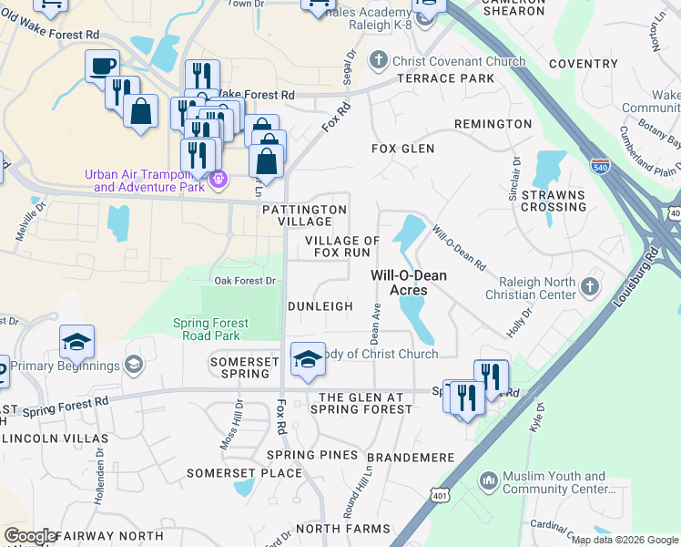 map of restaurants, bars, coffee shops, grocery stores, and more near 5853 Parkchester Road in Raleigh