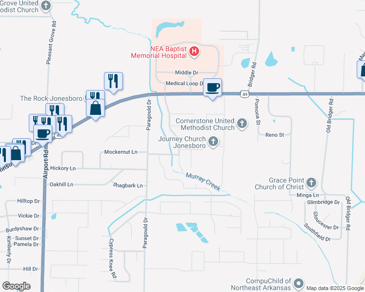 map of restaurants, bars, coffee shops, grocery stores, and more near 1716 Murray Creek Drive in Jonesboro