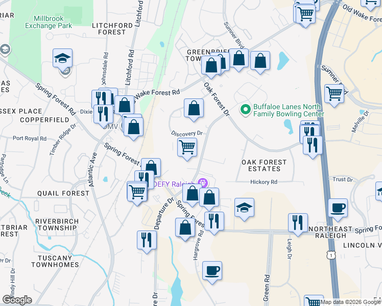map of restaurants, bars, coffee shops, grocery stores, and more near 5621 Departure Drive in Raleigh
