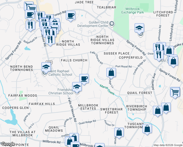 map of restaurants, bars, coffee shops, grocery stores, and more near 5620 Old Forge Circle in Raleigh