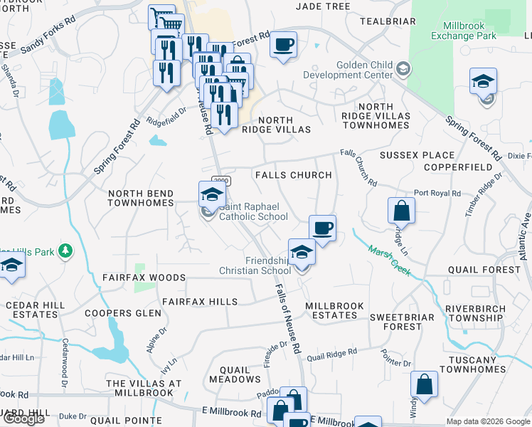 map of restaurants, bars, coffee shops, grocery stores, and more near 1213 Manassas Court in Raleigh