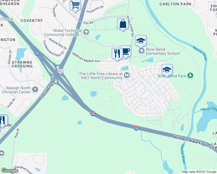 map of restaurants, bars, coffee shops, grocery stores, and more near 5422 Crescent Square Street in Raleigh