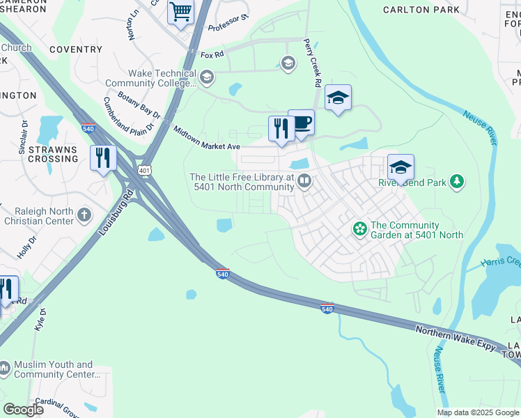 map of restaurants, bars, coffee shops, grocery stores, and more near 5422 Crescent Square Street in Raleigh