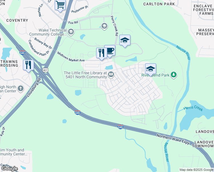 map of restaurants, bars, coffee shops, grocery stores, and more near 6425 Giddings Street in Raleigh
