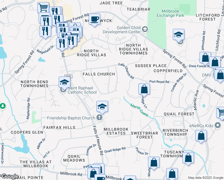 map of restaurants, bars, coffee shops, grocery stores, and more near 5600 Dumfries Drive in Raleigh