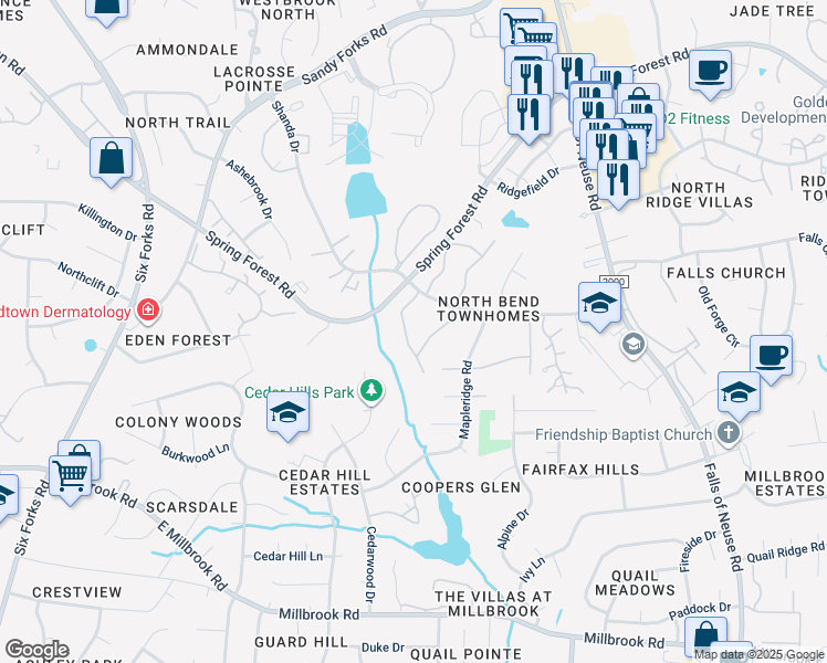 map of restaurants, bars, coffee shops, grocery stores, and more near 5826 Branchwood Road in Raleigh