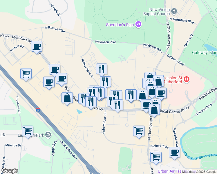 map of restaurants, bars, coffee shops, grocery stores, and more near Adwell Street in Murfreesboro