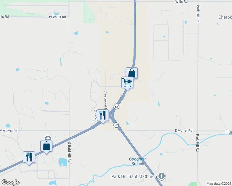 map of restaurants, bars, coffee shops, grocery stores, and more near 5225 South Jeanette Lane in Tahlequah