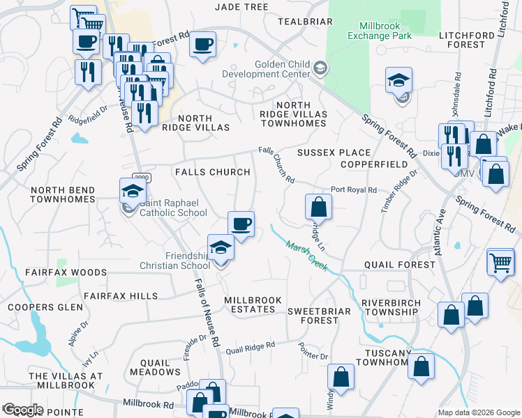 map of restaurants, bars, coffee shops, grocery stores, and more near 5620 Old Forge Circle in Raleigh