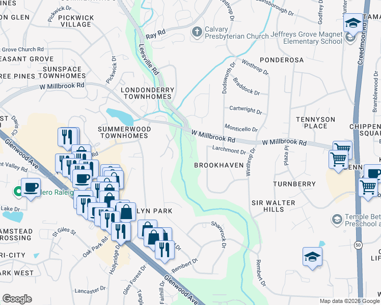 map of restaurants, bars, coffee shops, grocery stores, and more near 6499 Leesville Road in Durham