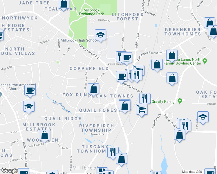 map of restaurants, bars, coffee shops, grocery stores, and more near 5865 Shady Grove Circle in Raleigh