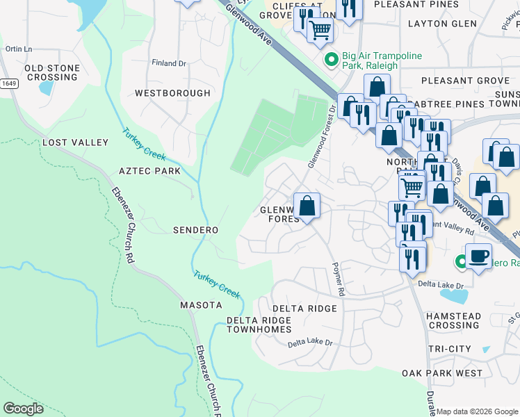 map of restaurants, bars, coffee shops, grocery stores, and more near 5903 Hourglass Court in Raleigh