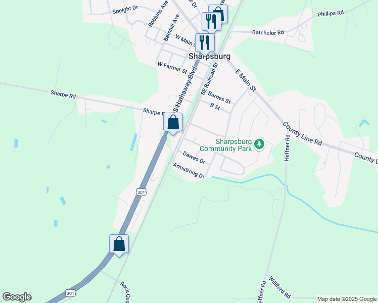 map of restaurants, bars, coffee shops, grocery stores, and more near 106 Dawes Drive in Elm City