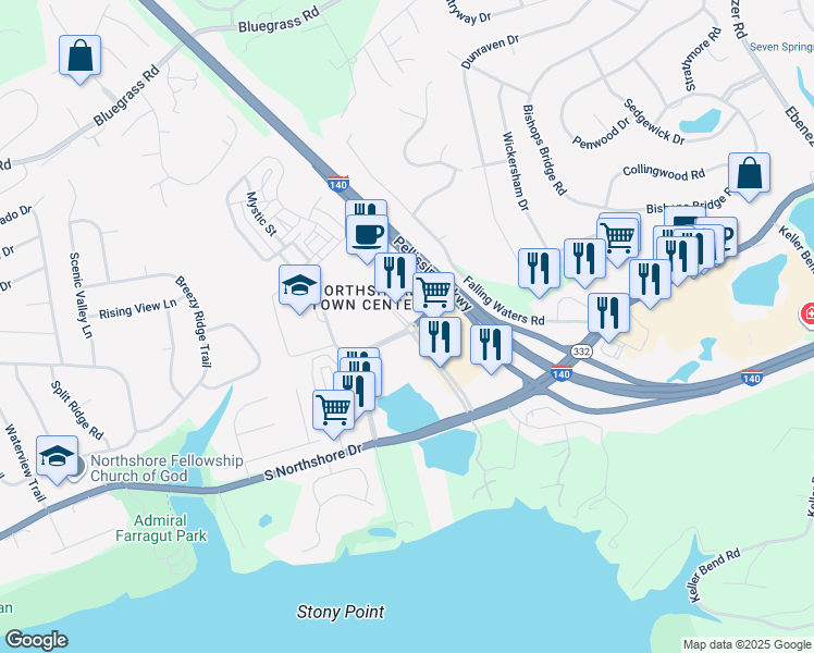 map of restaurants, bars, coffee shops, grocery stores, and more near 1900 Town Center Boulevard in Knoxville