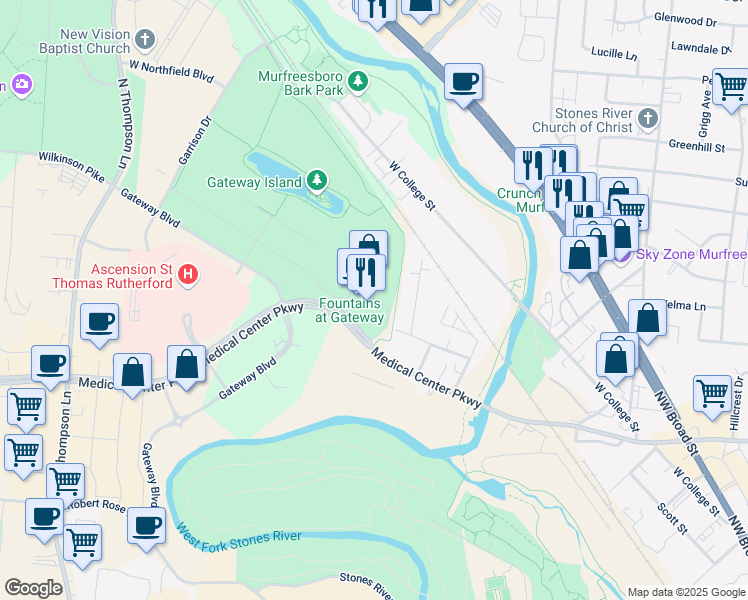 map of restaurants, bars, coffee shops, grocery stores, and more near 1315 Searcy Street in Murfreesboro