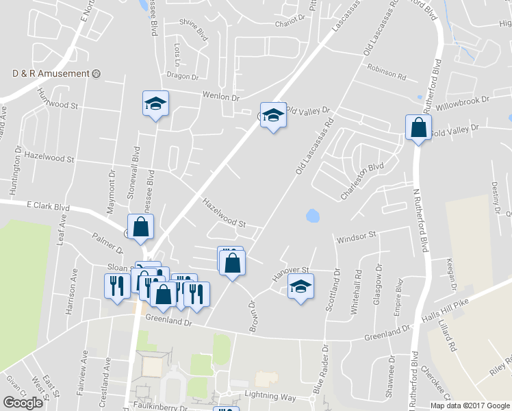 map of restaurants, bars, coffee shops, grocery stores, and more near 1315 Old Lascassas Road in Murfreesboro