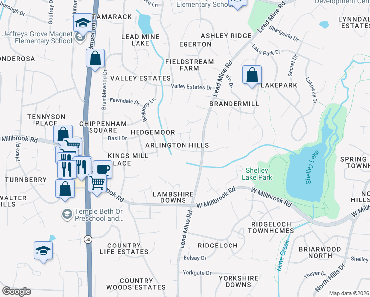 map of restaurants, bars, coffee shops, grocery stores, and more near 5901 Knollrock Drive in Raleigh
