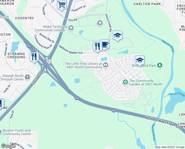 map of restaurants, bars, coffee shops, grocery stores, and more near Northern Wake Expressway in Raleigh