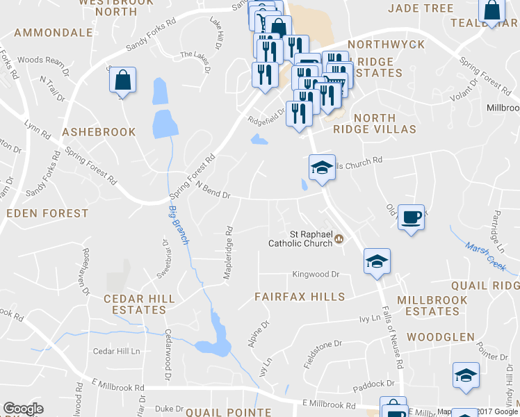 map of restaurants, bars, coffee shops, grocery stores, and more near 5802 Oakham Lane in Raleigh