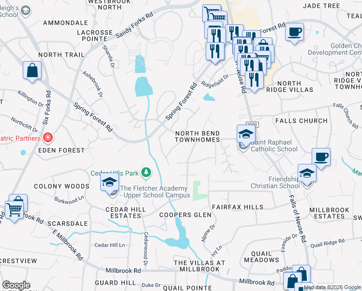 map of restaurants, bars, coffee shops, grocery stores, and more near 5832 Whitebud Drive in Raleigh