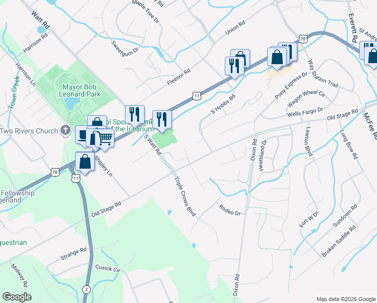 map of restaurants, bars, coffee shops, grocery stores, and more near 238 Castle Downs Lane in Knoxville