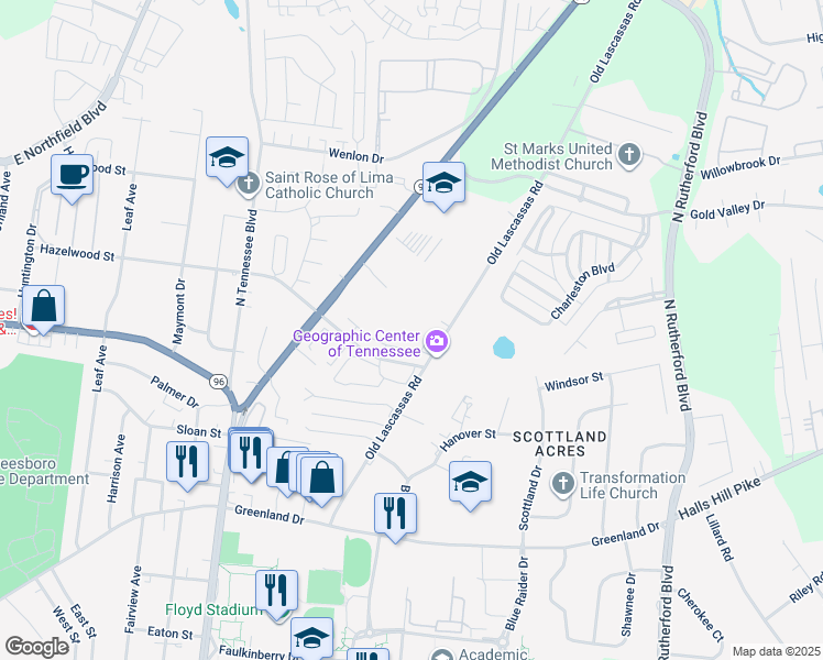 map of restaurants, bars, coffee shops, grocery stores, and more near 1311 Old Lascassas Road in Murfreesboro