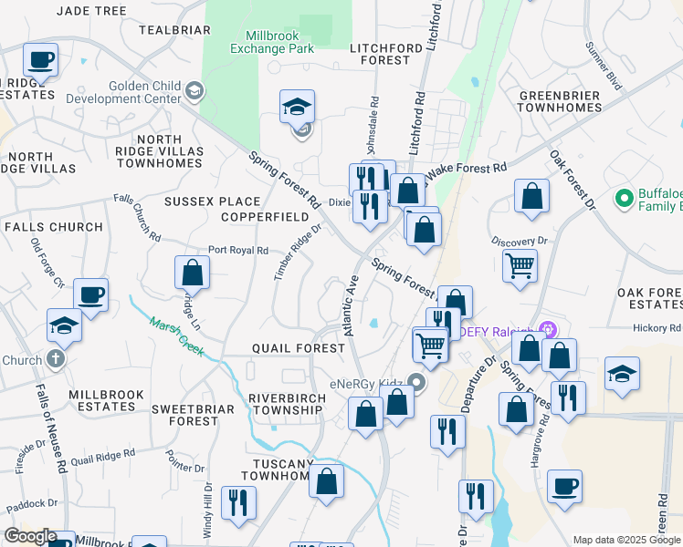 map of restaurants, bars, coffee shops, grocery stores, and more near 5893 Shady Grove Cir in Raleigh