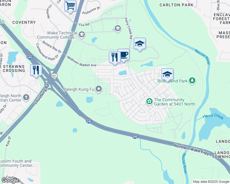 map of restaurants, bars, coffee shops, grocery stores, and more near 5324 Crescent Square Street in Raleigh