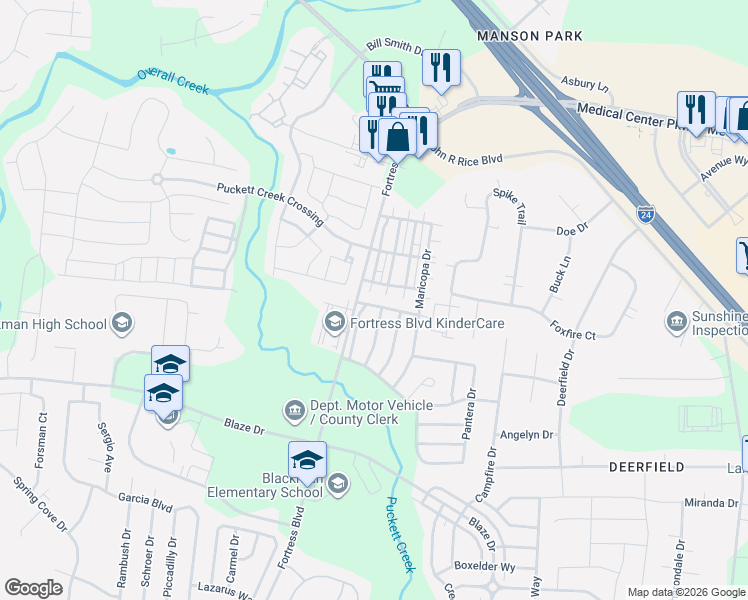 map of restaurants, bars, coffee shops, grocery stores, and more near 3828 Maya Drive in Murfreesboro