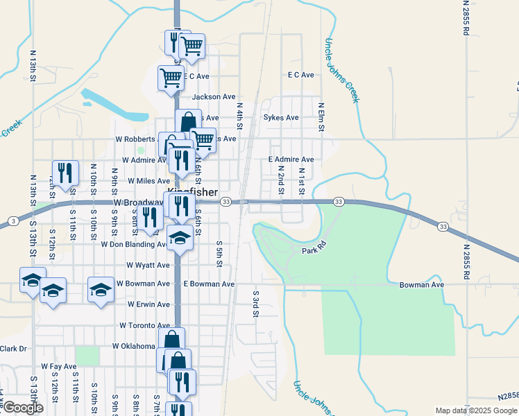 map of restaurants, bars, coffee shops, grocery stores, and more near 423 East Broadway in Kingfisher