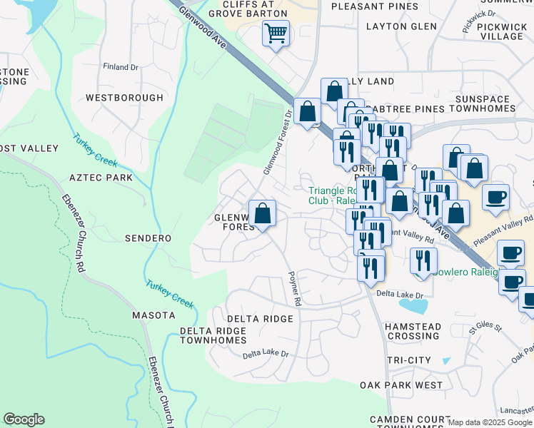 map of restaurants, bars, coffee shops, grocery stores, and more near 5908 Chivalry Court in Raleigh