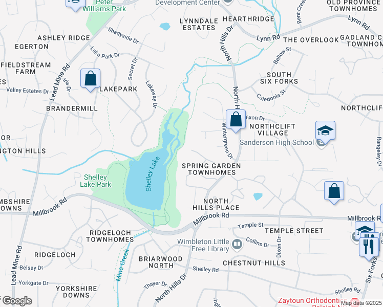 map of restaurants, bars, coffee shops, grocery stores, and more near 1349 Springlawn Court in Raleigh