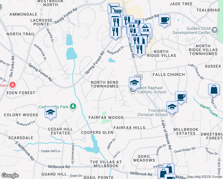 map of restaurants, bars, coffee shops, grocery stores, and more near 5802 Oakham Lane in Raleigh